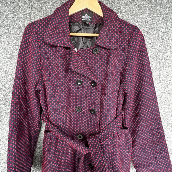 Angie Woven Embroidered Wool Blend Double Breasted Belted Pea Coat Navy/Red Sz M - Picture 3 of 13